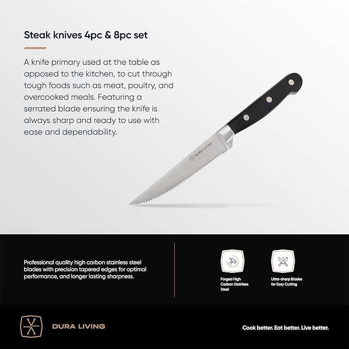 DURA LIVING Premium 4-Piece Steak Knife Set – Sharp Serrated Blades, Forged High Carbon Stainless Steel, Full Tang, Ergonomic Handle, Black – Perfect for Dining