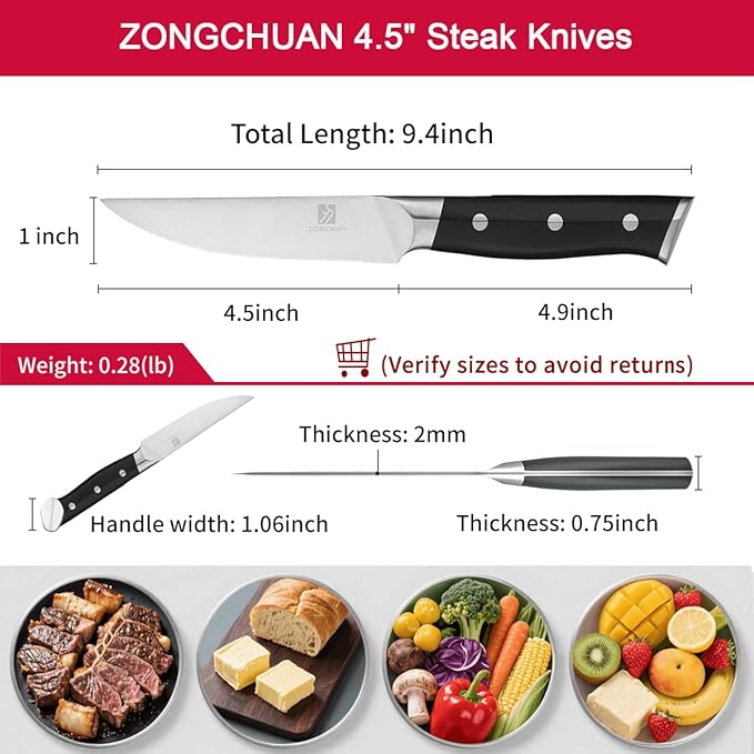 Steak Knives,4.5 Inch Steak Knife Set of 4,Micro-Cutting Point Serrated Edge,Razor Sharp Kitchen Knife,50CR15MOV Stainless Steel,Dishwasher Safe,Ergonomic Handle And Full Tang Design With Gift Box