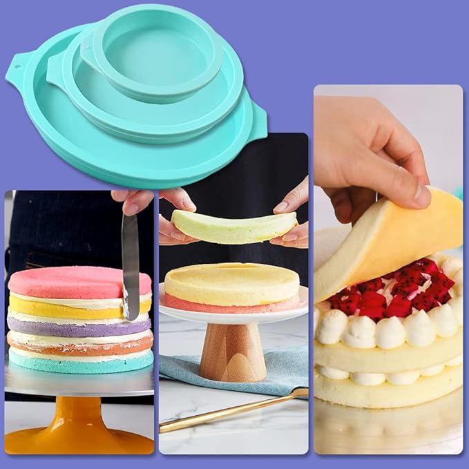 Newk Silicone Round Cake Mold, 3 Packs Silicone Cake Pans Mold for Layer Cakes, Rainbow Cakes, Resin Coasters – 4”+6“+8”