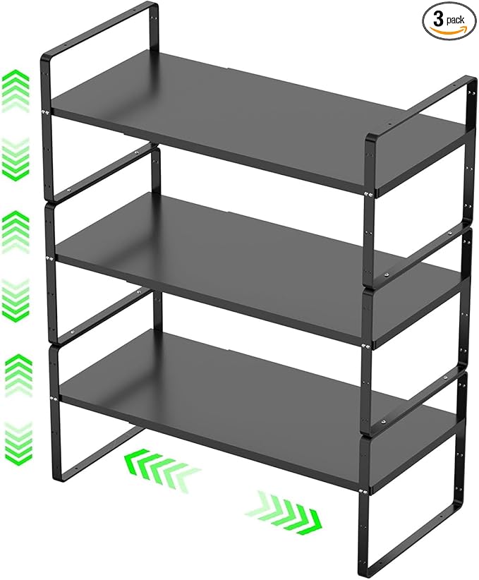 ‎Expandable Kitchen Cabinet Storage Shelf, Stackable Metal Pantry Storage Shelves Organizer, Adjustable Height Counter Spice Rack for Kitchen Cabinet (Black - 16.5"-27" L x 10.2" W x 9.6" H - 3Pack)