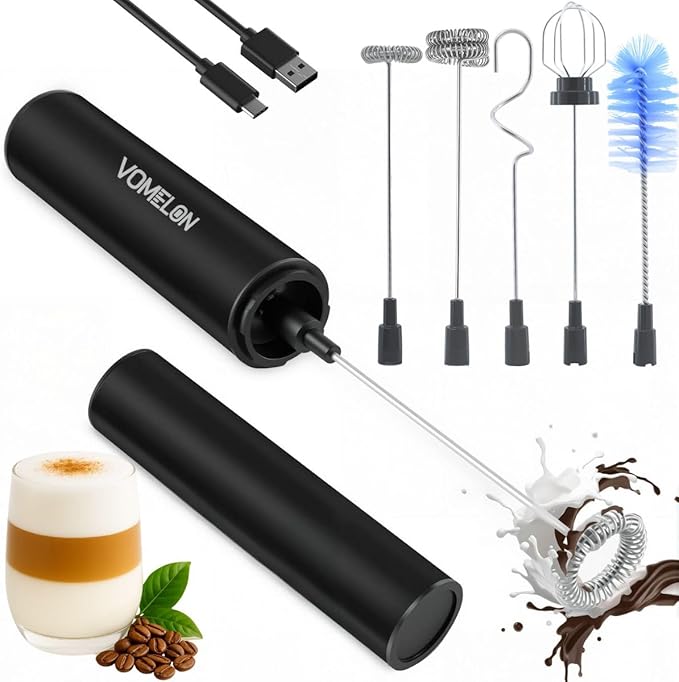 Rechargeable Milk Frother Handheld Electric Frother Wand Milk Foamer Drink Mixer for Coffee, Lattes, Cappuccino, and Egg, Stainless Steel for Travel-Black