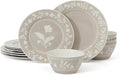 Martha Stewart Maiden Crown 12-Piece Taupe Dinnerware Set – Vegan Bone China Ceramic Plates & Bowls – Floral Design – Service for 4 – Dishwasher & Microwave Safe