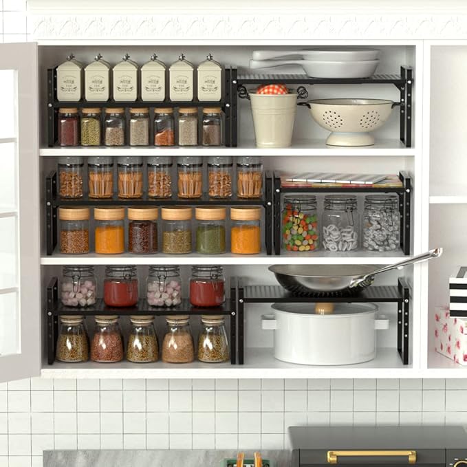 Expandable Cabinet Storage Shelf Organizer Rack, Heavy Duty Steel Metal Spice Rack Adjustable Height Home Office Pantry Shelf Space Riser for Counter Kitchen Organization -Black