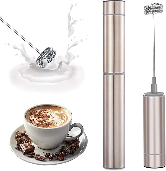 Electric Powerful Milk Frother, Stainless steel tube, Handheld Drink Mixer, Battery Operated Hand Frother Stirrer Wand-Rich Foam Maker for Coffee, Lattes, Cappuccino, Matcha,Chocolate & Creamer