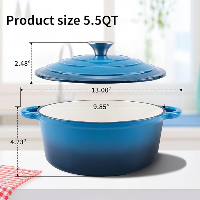 Enameled Cast Iron Dutch Oven Pot with Lid Heavy-Duty Cookware for Bread Baking, Braising, Stews, Roasting,5.5QT，blue