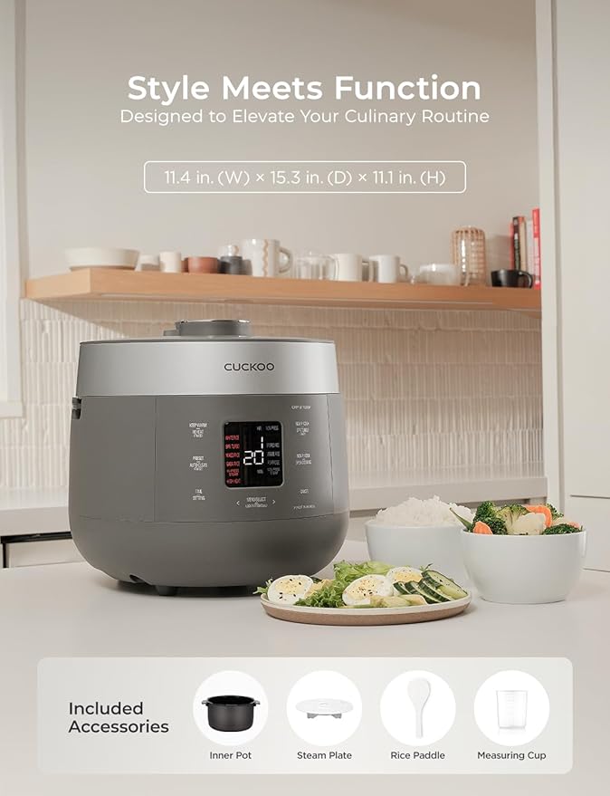 CUCKOO Twin Pressure Rice Cooker 10-Cup Uncooked / 20-Cup Cooked with Nonstick Inner Pot, Large Rice Maker & Warmer with 16 Menu Options, Open Cooking Mode, Voice Guide, Gray (CRP-ST1009FG)