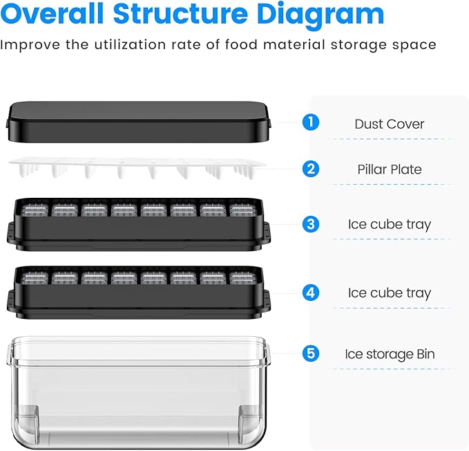 Ice Cube Tray with Lid and Bin, PHINOX 64 pcs Ice Trays for Freezer, Ice Cube Trays for Freezer with 2 trays, Container, Lid & Ice Scoop, BPA Free, Black