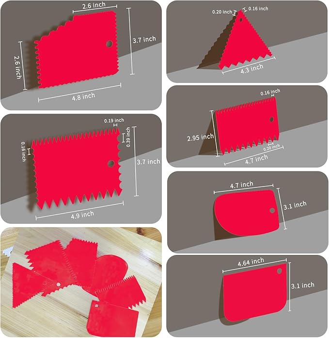 Cake Scraper, Cake Smoother Scraper Set, Dough Scraper Icing Scraper Polisher Tool, Cake Decorating Comb, Icing Smoother Plastic Sawtooth Cake Icing Kitchen Baking Cake Edge (Red)