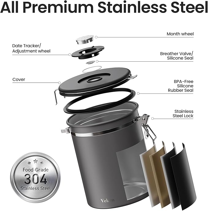 Veken Coffee Canister, Airtight Stainless Steel Kitchen Food Storage Container with Date Tracker and Scoop for Grounds Coffee, Beans, Tea, Flour, Cereal, Sugar, 22OZ, Gray