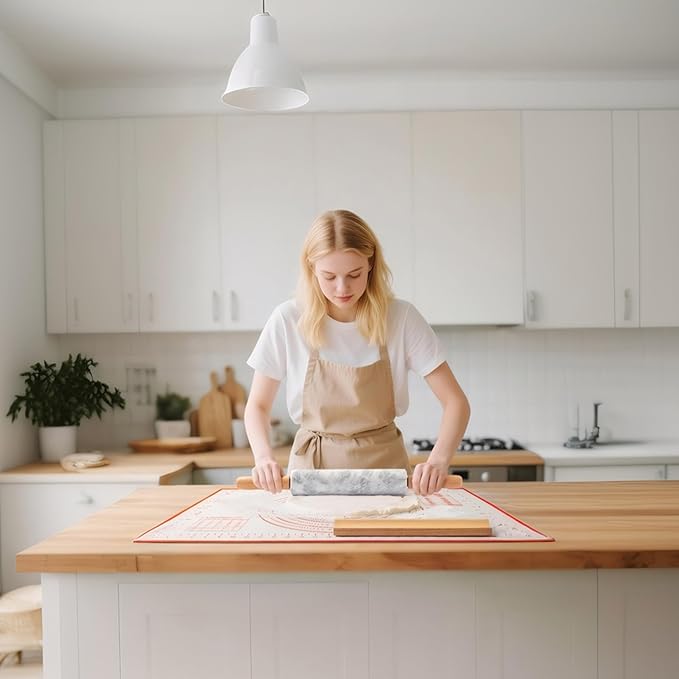 WORHE Marble Rolling Pin with Non-Stick Silicone Mat & Wood Base, 16.9-Inch Heavy Weight Dough Roller for Pizza Crust, Cookies, Pasta, Fondant, Pastry Polished Non-Stick Surface White (WH076)