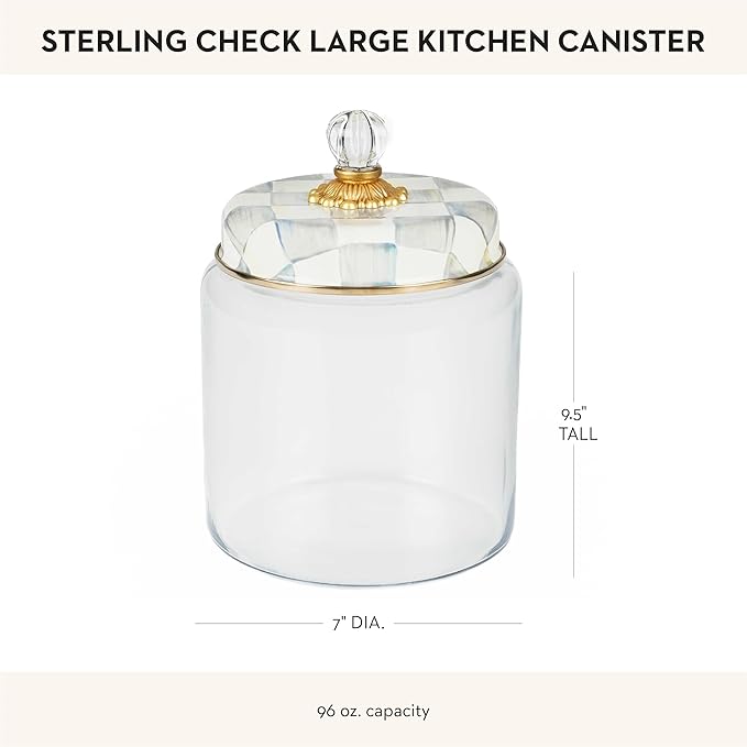 MACKENZIE-CHILDS Sterling Check Kitchen Canister, Decorative Gray-and-White Glass Storage Jar with Lid, Large