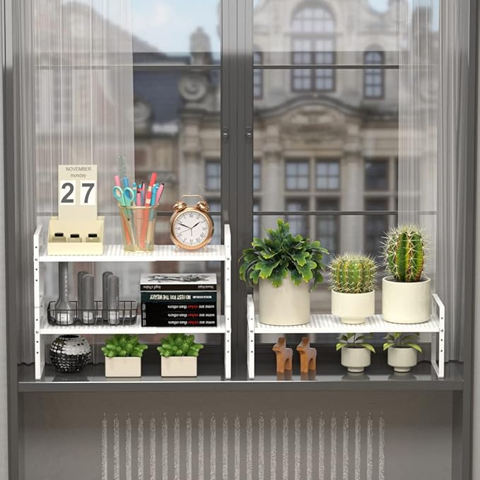 Expandable Counter Organizer Shelf (16.5'' to 27.2''), Countertop Organizer Kitchen Bathroom Pantry Cupboard Home Office for Cups, Dishes, Plates -White