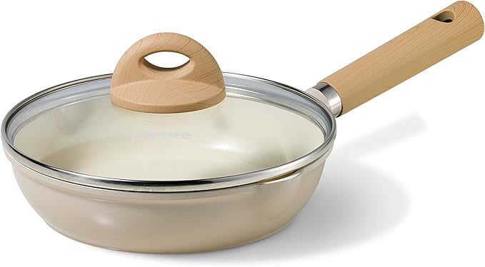 CAROTE 8" Ceramic Frying Pan with Lid, Non Stick Frying Pan Skillet Chef's Pan, Healthy & PFOA/PFAS Free, Induction-Compatible, Taupe