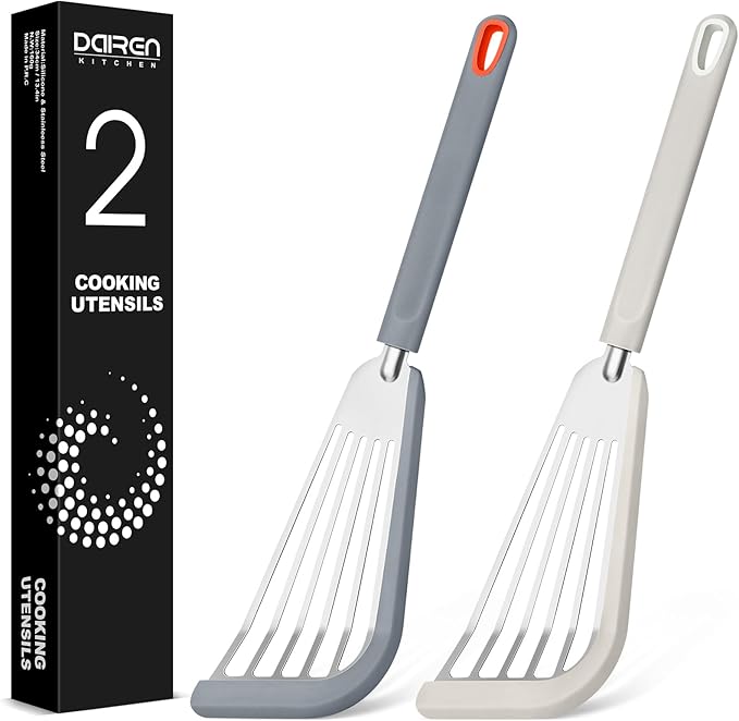 Silicone Fish Spatula Turner Set of 2, Thin Slotted Spatulas Turner for Nonstick Cookware,Heat Resistant Flexible Stainless Steel Kitchen Cooking Spatula Flipper for Fish, Egg, Pancake (KG)
