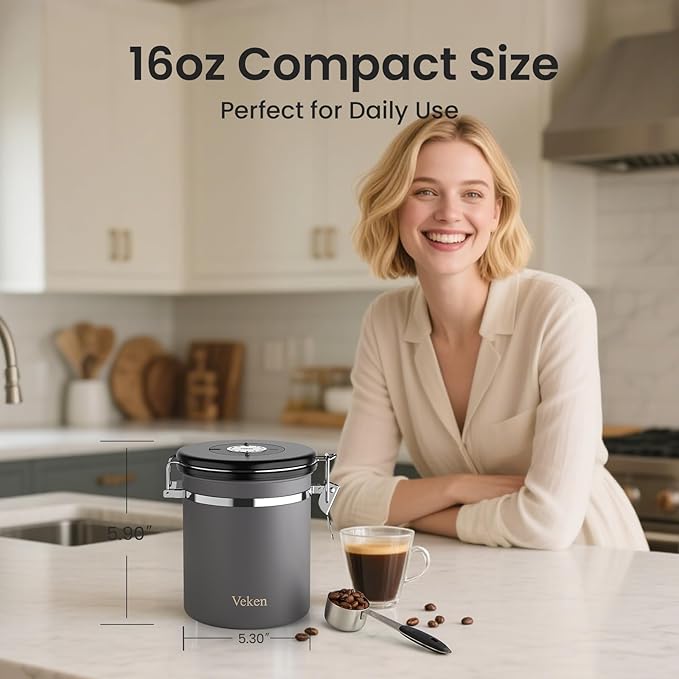 Veken Coffee Canister, Airtight Stainless Steel Kitchen Food Storage Container with Date Tracker and Scoop for Beans, Grounds, Tea, Flour, Cereal, Sugar, 16OZ, Gray