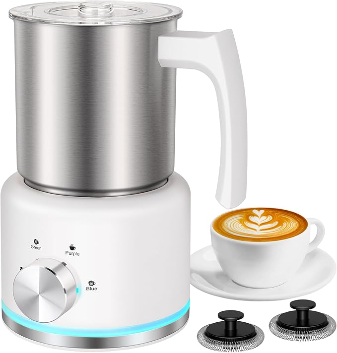 Milk Frother, 16.9 OZ Milk Frother and Steamer, 4 in 1 Electric Milk Frother Dishwasher Safe Durable Silent Frother for Coffee Hot and Cold Foam Maker (White Stainless)