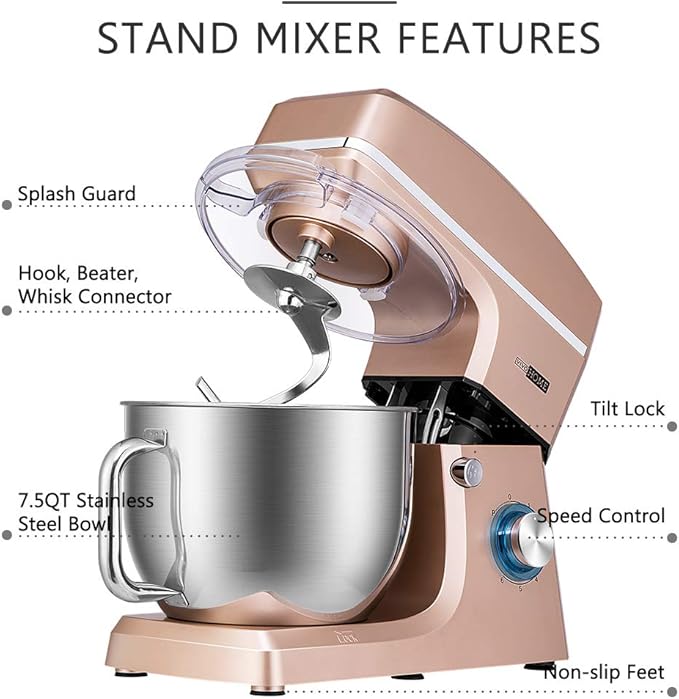 VIVOHOME 7.5 Quart Stand Mixer, 660W 6-Speed Tilt-Head Kitchen Electric Food Mixer with Beater, Dough Hook, Wire Whip, and Egg Separator, Champagne