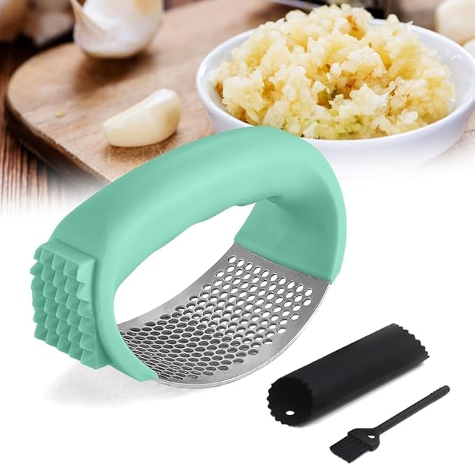 Garlic Press Rocker Stainless Steel, Garlic Crusher with Peeler & Cleaning Brush, Easy to Use Garlic Mincer for Kitchen Cooking, Ergonomic Garlic Chopper Tool, Durable Garlic Presser Gadget (Green)