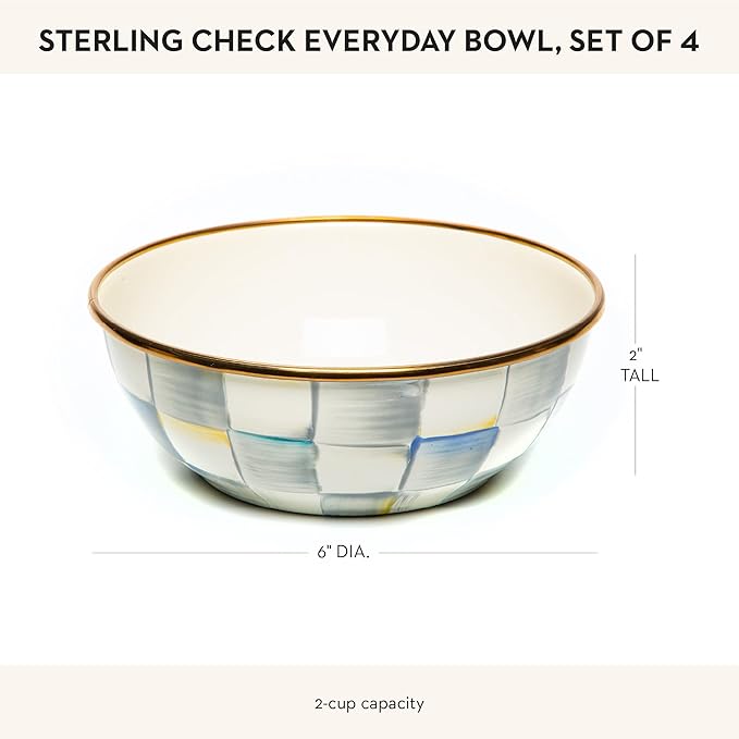 MACKENZIE-CHILDS Enamel Everyday Bowl, Serving Bowl for Entertaining, Extra-Small, Gray-and-White Sterling Check, Set of 4