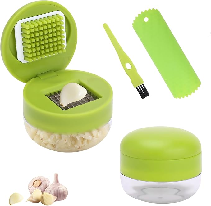 2 Pcs Garlic Press Set, Stainless Steel Garlics Crusher with Silicone Peeler and Cleaner Brush, Easy to Use Garlic Chopper for Shredded Garlic, Ginger and Fruit