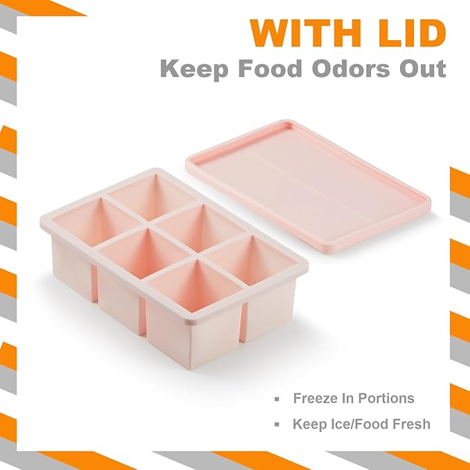 Nax Caki Pink Large Ice Cube Tray with Lid Pack of 2, Stackable Big Silicone Square Ice Cube Mold for Whiskey Cocktails Bourbon Soups Frozen Treats, BPA Free