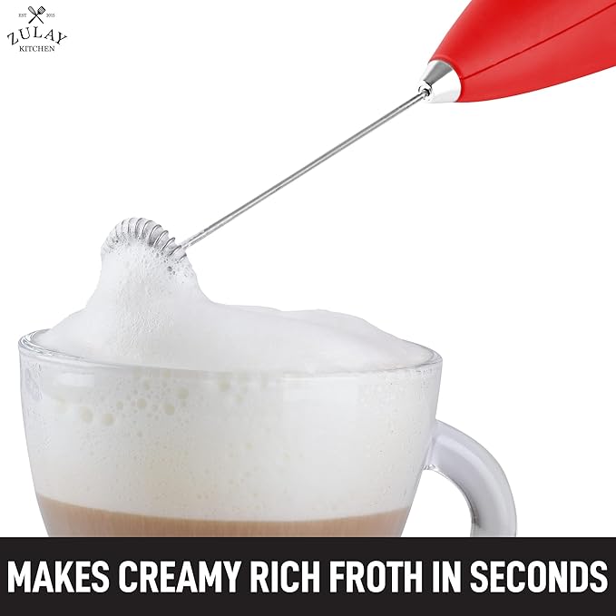 Zulay Double Grip Milk Frother with Holster Stand – Handheld Electric Coffee Frother, One-Touch Foam Maker – Detachable SS Whisk for Latte, Cappuccino, Matcha, Hot Chocolate – Red