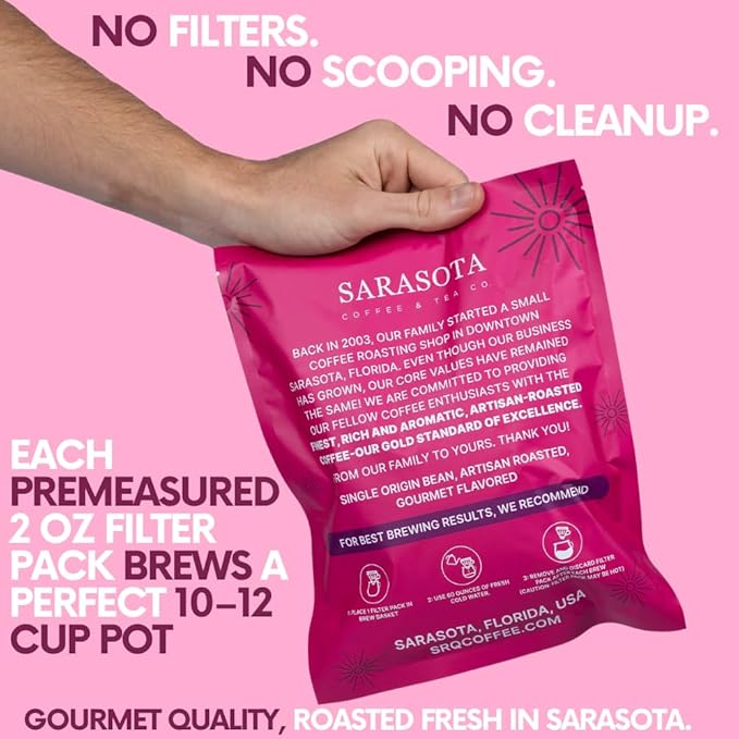Ground Flavored Coffee In Filter Packs | Sweet Cream Jamaican Me Crazy | Medium Roast Low Acid Mold Free Pouches | Highest Rated Gourmet Bulk Individual Premeasured Packets for 10-12 Cup Drip Maker