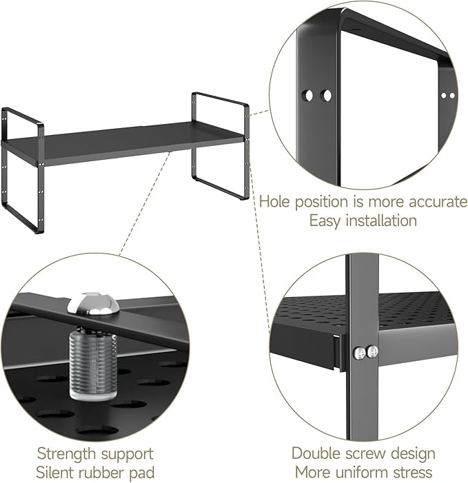 Hole Pattern Expandable Shelf Organizer,1Pack 10.2" Wide Easy to Assemble Cabinet Organizer Shelf, 16.5~27.1" Adjustable Height&Stackable Spice Organization for Cupboard, Black