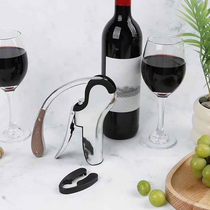 KAYCROWN Stainless Steel Wine Bottle Opener, Vertical Lever Corkscrew with Built-in Foil Cutter Design, Manual Handheld Corkscrew with Ergonomic Lever Pump