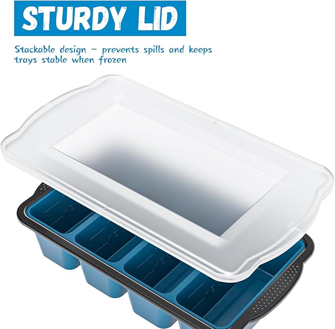 Silicone Freezer Tray With Lid, 8 Large 1 Cup Soup Freezer Molds, Soup Freezer Container for Meal Prepping, Large Ice Cube Tray， Perfect for Storing Leftovers, Sauces, Lasagna, 2-Pack