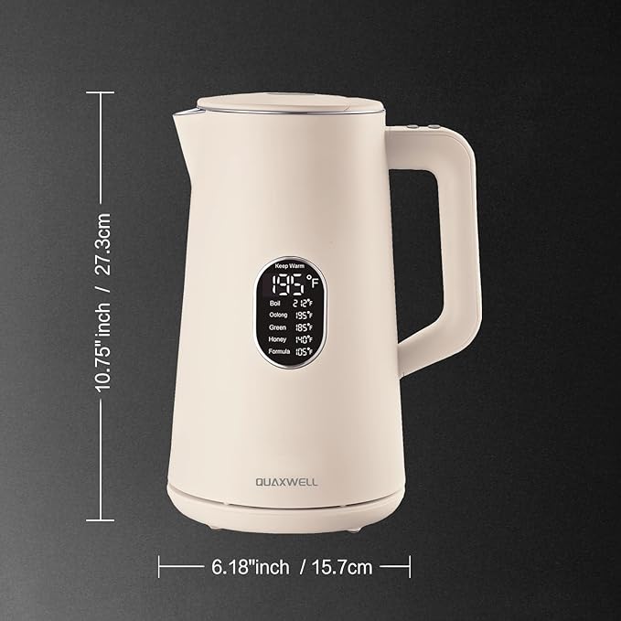 1.5L Electric Kettle Stainless Steel, Double Wall Cool Touch Teapot, Fast Boil,5 Temperature Control, LED Display, Auto Shut-Off,Keep Warm Function,Cream White