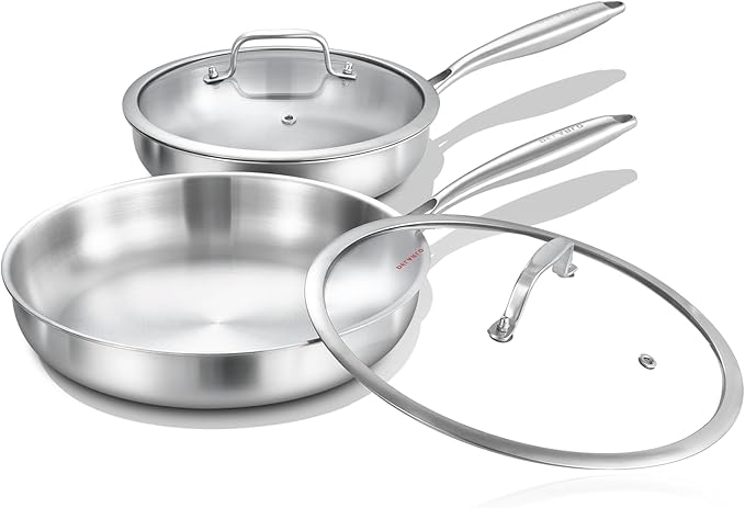DELARLO Tri-ply Stainless Steel Frying Pan Set with Lid 8" 12" Induction large Skillets Chef's Pan,Pots and Pans Set Kitchen Cookware Set Suitable for All Stove