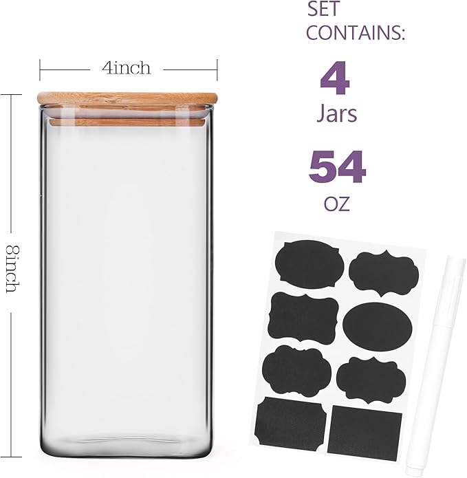Glass Storage Containers with Lids, Glass Jars with Bamboo Lids, Large Food Storage Jar, Sugar, Pantry Storage Container for Pasta Rice Flour Oats Nuts Tea Spice (Square 54oz 4pack)
