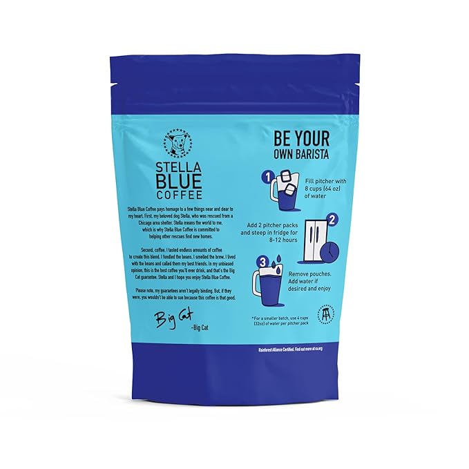 STELLA BLUE Fresh Cold Brew Coffee | Electric Avenue Blend | 100% Arabica Dark Roast | Bold Toffee and Dark Chocolate with Smoky Notes | 6 Brew Packets for Cold Brew | Makes 24 Smooth Bold Cups