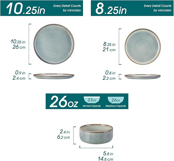 vancasso PLAYA Plates and Bowls Sets, 12 Pieces Light-Blue Dinnerware Sets for Kitchen, Reactive Glaze Dishes Set for 4, Dishwasher and Microwave Safe