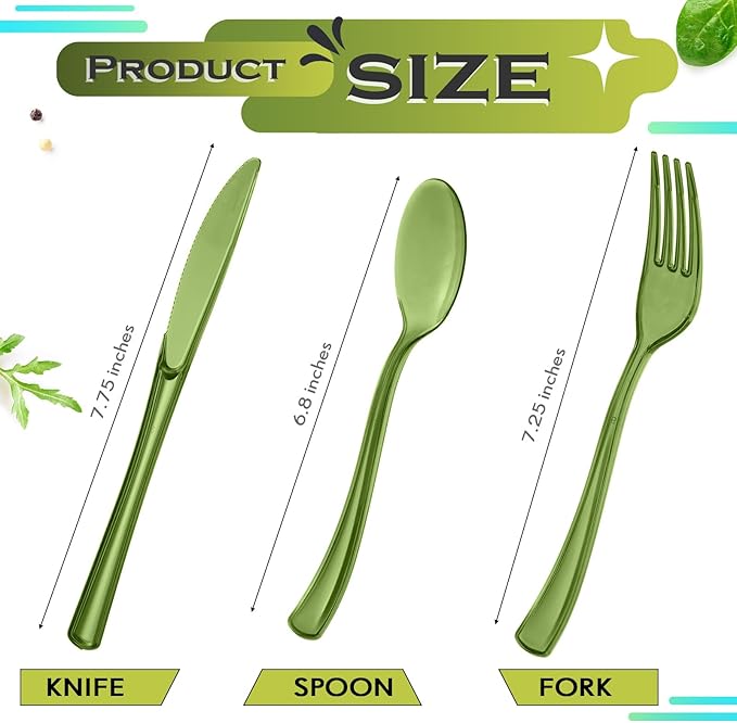Minatee 150 Pieces Disposable Cutlery Set Plastic Silverware Heavy Duty Utensil Sets 50 Forks 50 Knives 50 Spoons for Home Office School Party Picnics Restaurant Outdoor Events(Olive Green)