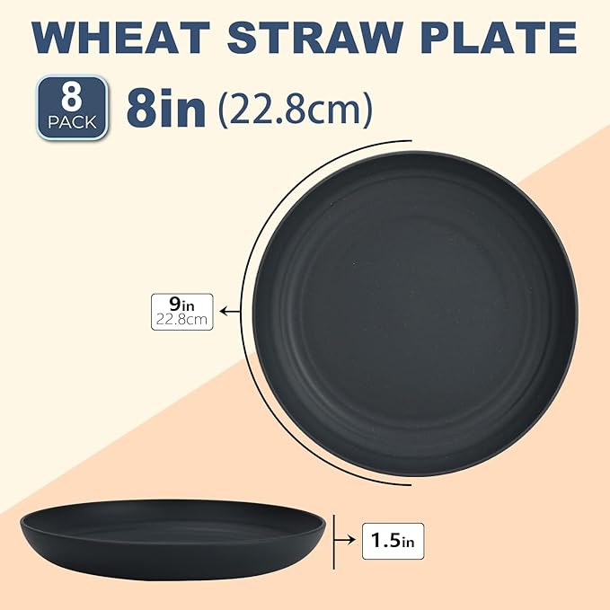 Wrova Wheat Straw Plates - 8 Inch Unbreakable Dinner Plates Set of 8 - Dishwasher & Microwave Safe Plastic Plates Reusable - Lightweight Plates for kitchen,R.V (Classic Series)