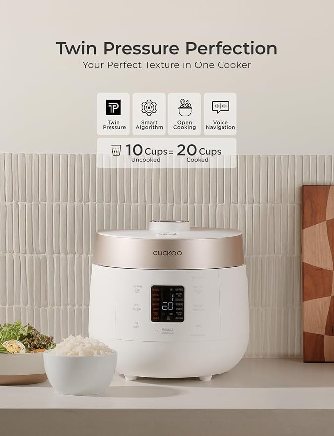 CUCKOO Twin Pressure Rice Cooker 10-Cup Uncooked / 20-Cup Cooked with Nonstick Inner Pot, Large Rice Maker & Warmer with 16 Menu Options, Open Cooking Mode, Voice Guide, White (CRP-ST1009FW)