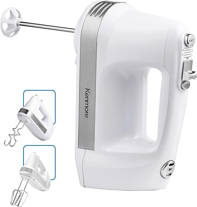 Kenmore Hand Mixer – 5 Speed Handheld Blender, Electric Egg Beater, Whisk, Dough Hooks, Storage Case, Turbo Boost for Cake Mix, Baking, Retractable Cord, Kitchen Appliances