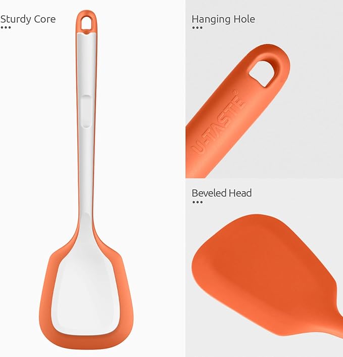 600ºF Heat Resistant Silicone Turner: U-Taste 13.6in Solid Kitchen Spatula Flipper, Food Grade Flexible & Thin Rubber Seamless Cooking Utensil for Flipping Egg, Pancake in Nonstick Cookware (Orange)