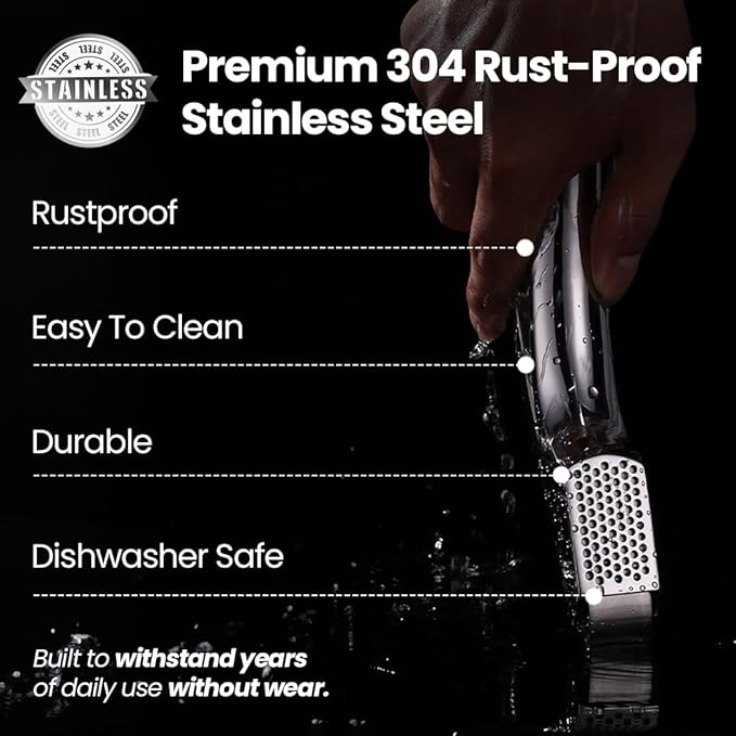 No Peeling Required Garlic Press Stainless Steel with Detachable Handle for Fine Mincing - Premium Garlic Mincer Tool, Rust-Proof, Easy to Clean, Dishwasher Safe Garlic Crusher with 5-Year Warranty