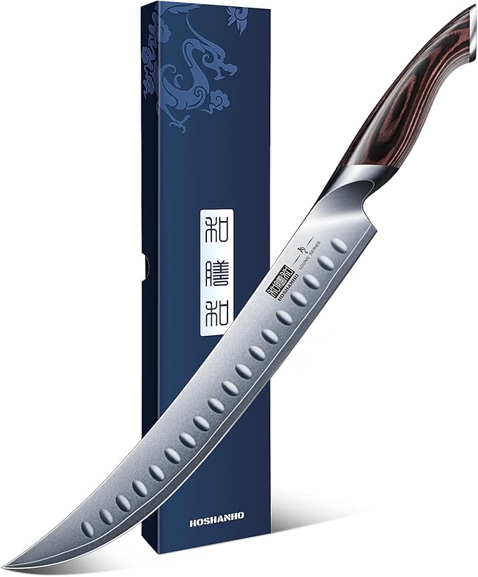 HOSHANHO Carving Slicing Knife, 10 Inch Japanese High Carbon Steel Brisket Knife with Ergonomic Pakkawood Handle, Razor Sharp Curved Butcher Breaking Knives for Meat Cutting