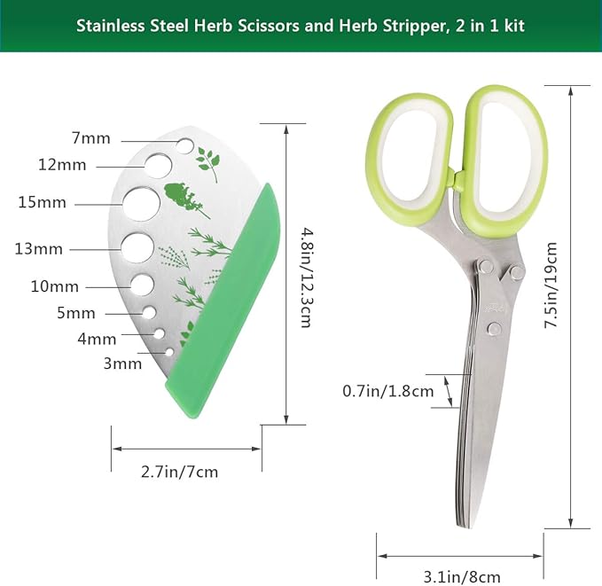 Herb Scissors Herb Stripper Set, Luxiv Stainless Steel Herb Cutter Tools 5-Blades Scissors with Herb Stripping Tool, Safe Cover, Cleaning Comb Multi-blade Herb Shears 2 IN 1 Herb Tools Kits (Green)