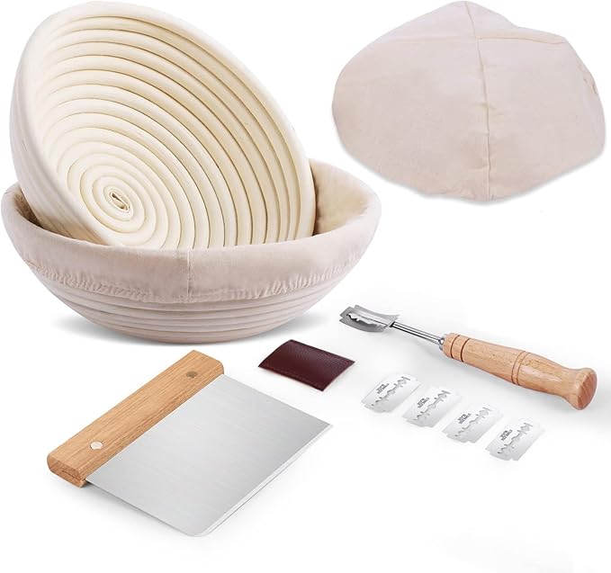 Bread Proofing Basket 2 Set 9 Inch and 10 Inch Round Proofing Basket with Bread Lame and Dough Scraper and Linen Liner Bread Making Tools for Professional and Home Bakers