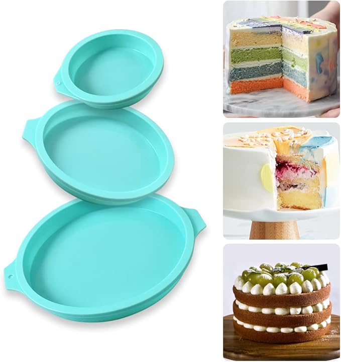 Newk Silicone Round Cake Mold, 3 Packs Silicone Cake Pans Mold for Layer Cakes, Rainbow Cakes, Resin Coasters – 4”+6“+8”