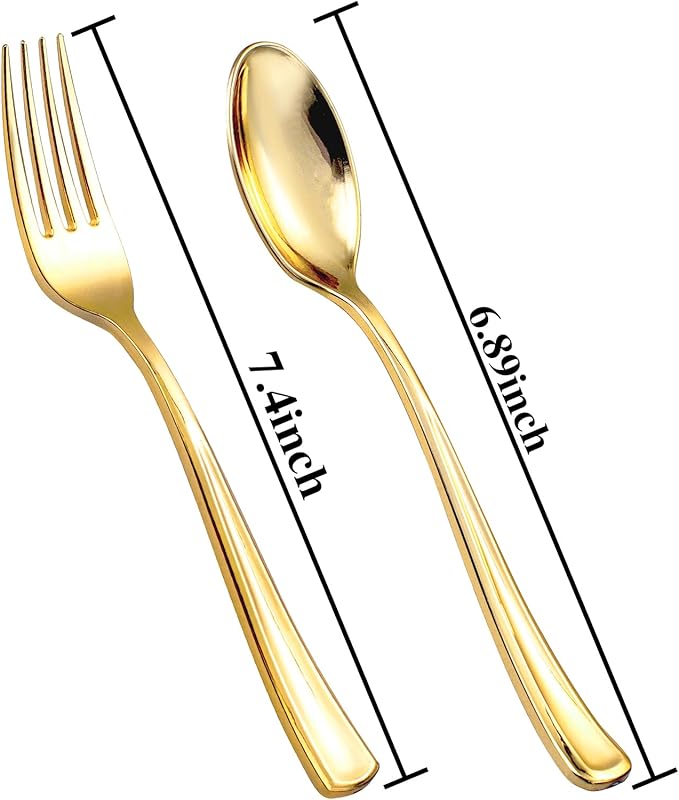 bUCLA 600PCS Gold Plastic Spoons and Forks Set - Plastic Forks and Spoons Disposable - Heavy Duty Gold Silverware Set Party Supplies Include 300 Forks and 300 Spoons for Party&Wedding