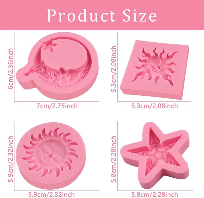 Greek Sun God Fondant Molds 4pcs, Moon Star Cake Decorating Silicone Molds, Chocolate Candy Clay Molds for Cupcake Toppers, Resin Crafts, Modeling Clay, Candles, Marzipan, Cookies, Dough, Flower Paste