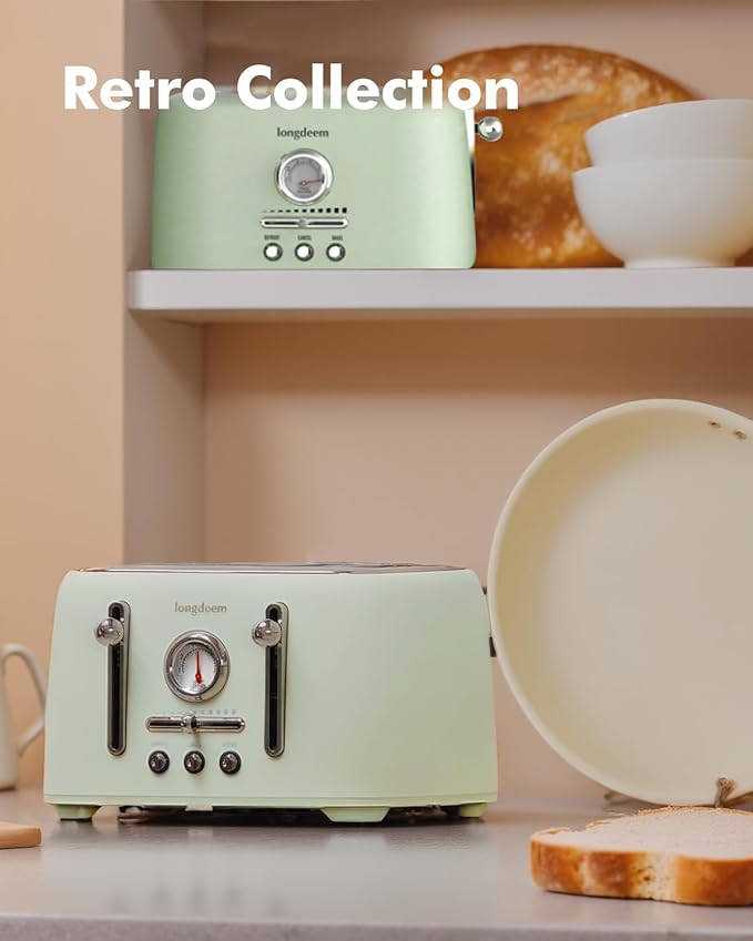 LONGDEEM Retro 4-Slice Toaster 1.6" Wide Slots - 6 Toast Settings with Bagel Function, Stainless Steel Body, Defrost/Cancel Button & Crumb Tray, Vintage Green