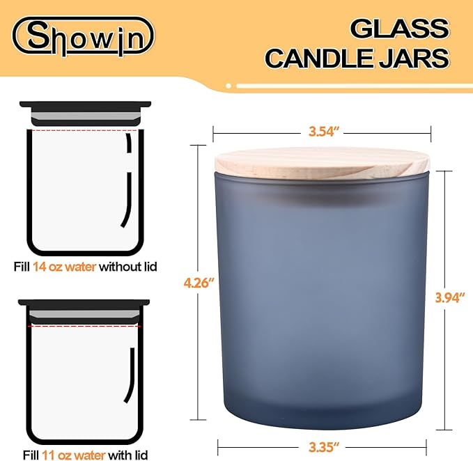 SHOWIN 14 OZ Thick Candle Jars for Making Candles 12 Pcs, 3 Wick Empty Jars with Wood Lids for Candle Making, Sample Container, Frosted Grey