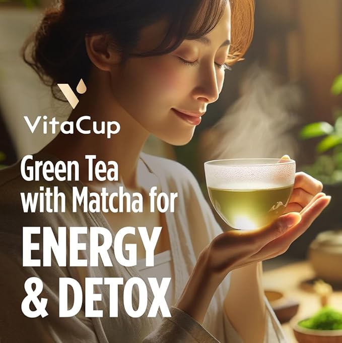 VitaCup Green Tea Instant Packets, Enhance Energy & Detox with Matcha, Moringa, B Vitamins, D3, Fiber, Keto, Paleo, Vegan in Tea Powder Single Serving Sticks, 72 Ct